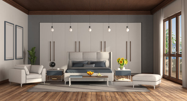 大的主卧室与双人床和衣柜的背景图片下载