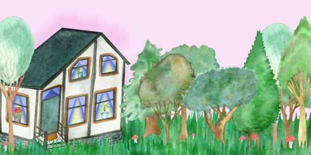 水彩手绘自然建筑景观组成与两层木屋绿色屋顶上的草地和不同的树木森林周围图片下载