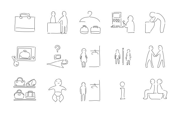 粗糙的手写图标集:更衣室，卫生间的矢量图，等。图片下载