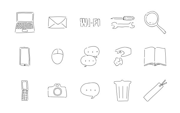 粗糙手写图标集:计算机和语音气泡矢量插图图片下载