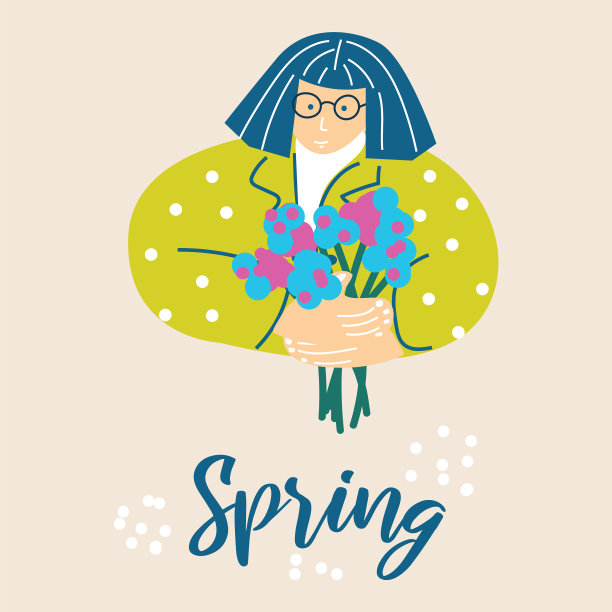 女人捧着一束春花卡通图片下载