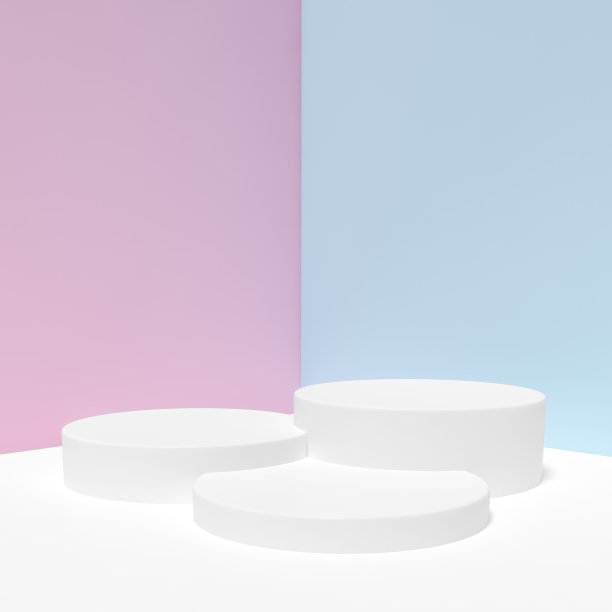 白色领奖台舞台背景，蓝色和粉色两色调背景，用于产品展示架或用于其他设计的3d渲染。3d插图模板最小美感风格的概念。图片下载