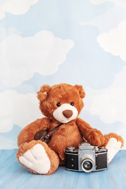 摄影师的日子和摄影的概念与填充玩具泰迪熊和旧相机在蓝天柔和的背景。图片下载