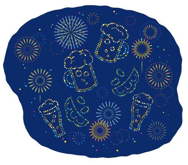 啤酒和毛豆形状的彩色烟花在天空中发射，这是啤酒花园的乐趣。图片下载