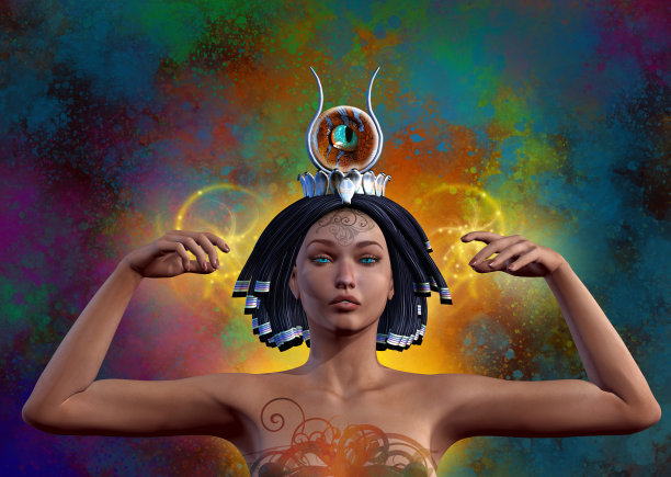 幻想年轻女子与皇冠，魔术师女孩与蓝眼睛，3d插图图片下载