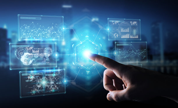 商人在模糊的背景使用数字屏幕界面与全息数据3D渲染图片下载