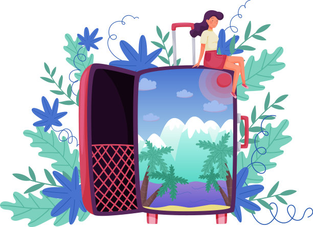 女孩坐在巨大的行李箱上装着图片下载