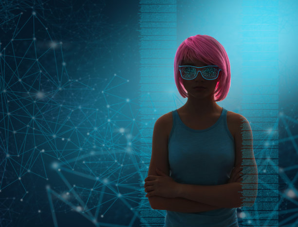 一名年轻女子，一头粉红色的头发，戴着一副霓虹眼镜，背景是用线条连接起来的点。图片下载