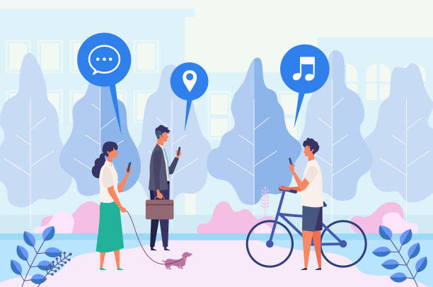 景观与人们使用手机，查看应用程序，在城市公园散步。看社交媒体的男人和女人。图片下载