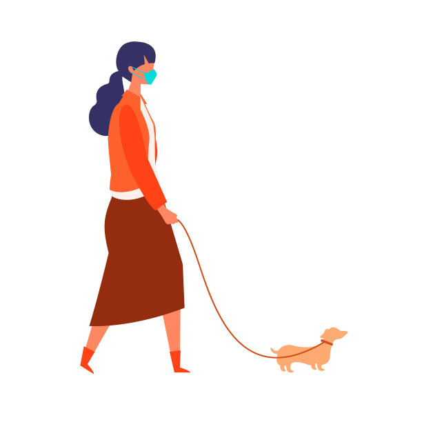 戴面具的女人在秋天遛狗。女人有一个放松的一天，新的正常。图片下载