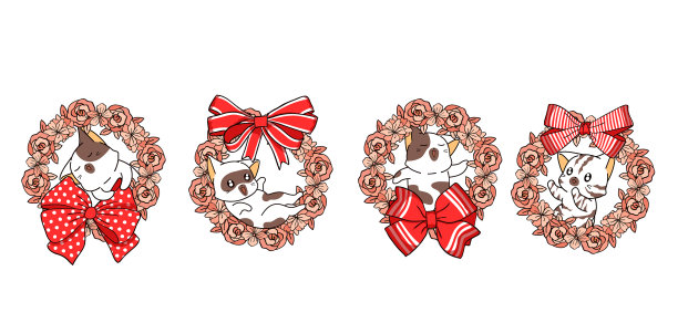 4个不同性格的猫在花圈里图片下载