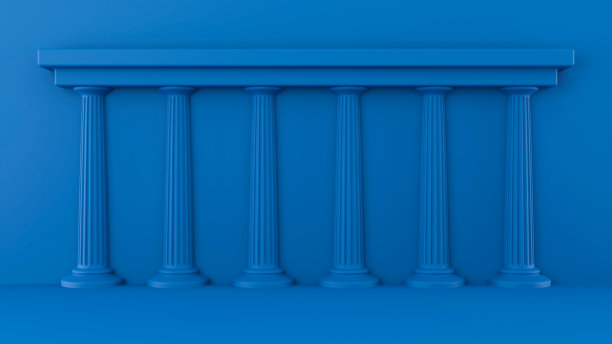 经典希腊柱子背景，3d插图。空旷的工作室，经典的蓝色，极简主义的内部空间与文字空间。罗马柱式建筑，复古几何装饰模板。图片下载