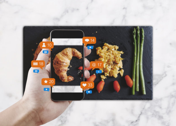 用智能手机拍摄美食照片，并在社交媒体上分享，带有通知图标的社交网络图片下载