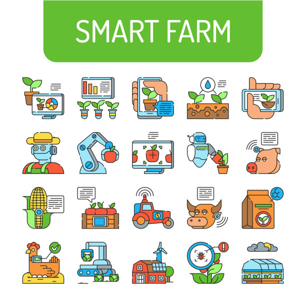 智能农场颜色图标设置。农业管理。象形图用于网页、手机应用、促销。UI UX GUI设计元素。可编辑的中风。图片下载
