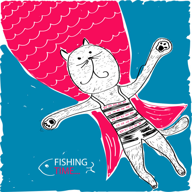 钓鱼时间，向量抽象现代海报。鱼形充气床垫上的海里的猫。图片下载