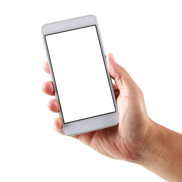 男子手持空白手机在白色背景图片下载