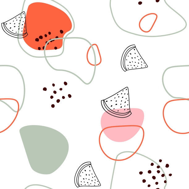 抽象的设计和涂鸦西瓜片与骨头的背景无缝图案墙纸。向量股票插图图片下载