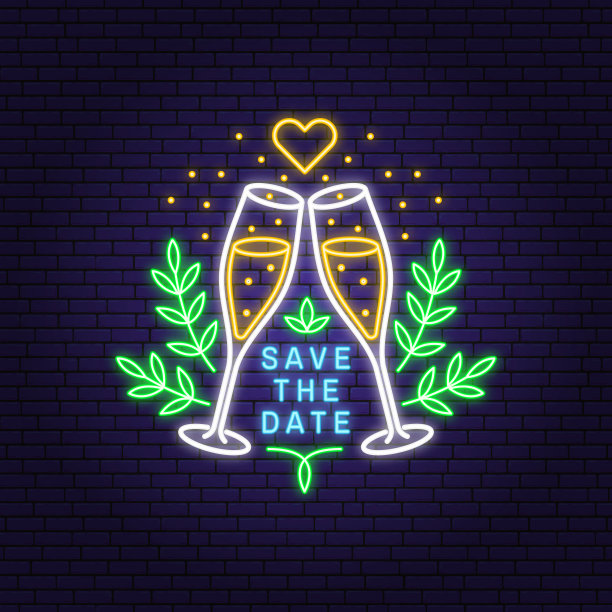 婚礼霓虹请柬模板。向量。细线几何徽章。用于保存日期邀请卡设计的大纲图标。现代霓虹极简设计与香槟玻璃图片下载