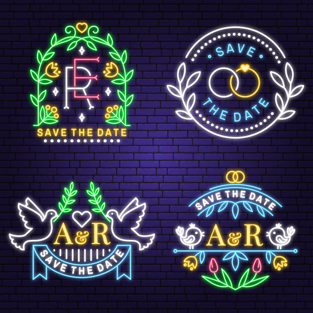 婚礼霓虹请柬。矢量细线几何徽章。用于保存日期邀请卡设计的大纲图标。现代极简设计的婚礼教堂，拱门，戒指和树叶，花图片下载