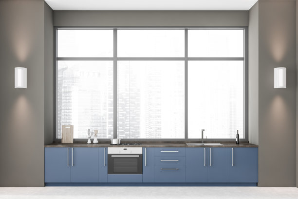 全景灰色厨房与蓝色台面图片下载