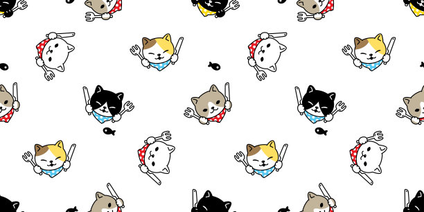 猫无缝图案小猫矢量厨师厨房烹饪吃食物鱼烤面包房品种白布动物宠物围巾孤立重复背景卡通瓷砖壁纸插图涂鸦设计图片下载