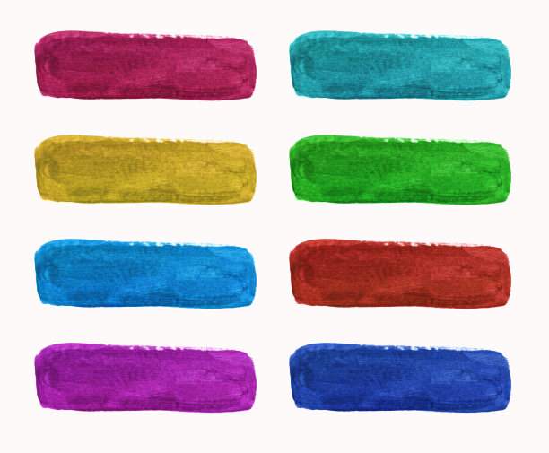 一套水粉画笔触，斑点和条纹孤立的白色背景。彩色手绘水粉线条和斑点。素材图片