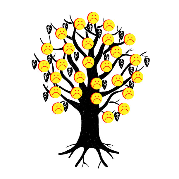 笑脸。向量愁容。一棵树上装饰着悲伤的表情。社交网络上的点赞。图片下载