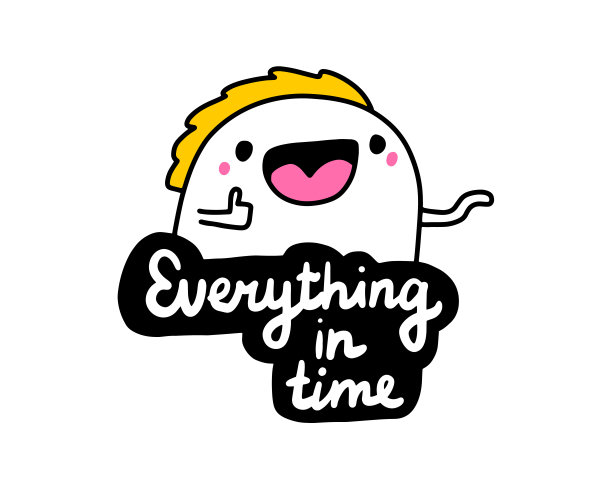 一切及时手绘矢量插图在卡通漫画风格男子愉快的字母标签图片下载