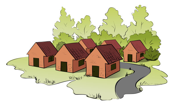 乡村景观有村有路。素描,卡通风格。素材图片