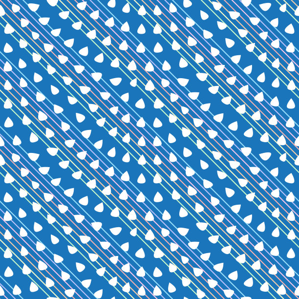 矢量抽象无缝波浪模式与几何鱼鳞布局。小的白色水滴在深蓝色的背景与对角彩虹条纹。包装用纸，印花棉布图片下载