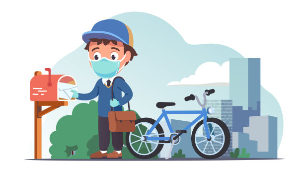 邮差戴上防护口罩和手套将信封放入邮筒。穿制服的邮递员骑自行车送信。邮件递送服务，邮递员的职业。平面向量插图图片下载