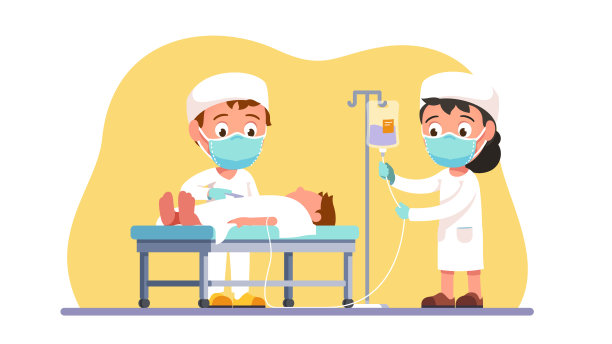 外科医生为病人做手术，助理设置投药器。戴口罩的孩子在医院治疗病人。保健、医药和外科。平面向量插图图片下载