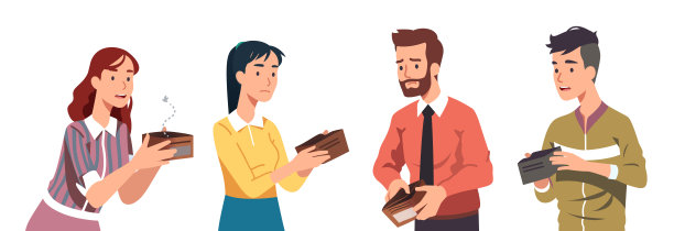穷男女拿着空空的钱包。可悲的休闲和商务人士没有钱。金融问题、危机、失业、贫困、破产等平面矢量特征说明图片下载