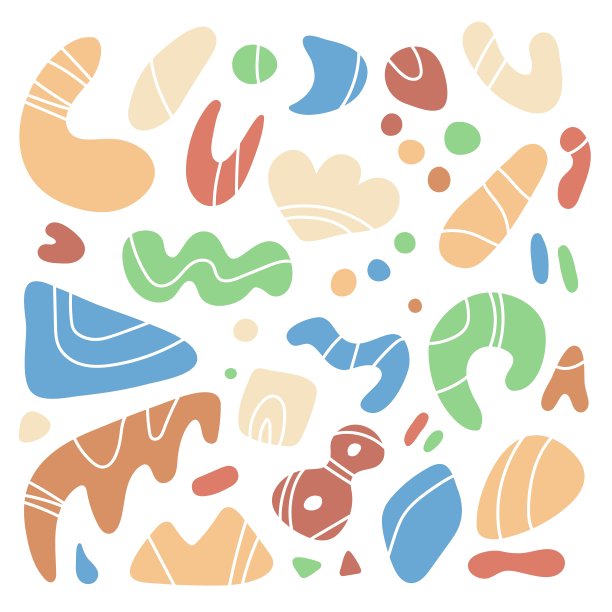 抽象图形，绘制一套矢量图例。圆，椭圆，曲线形状，带有白色细波浪的三角形，螺旋线。孤立在白色背景上的抽象图形图片下载