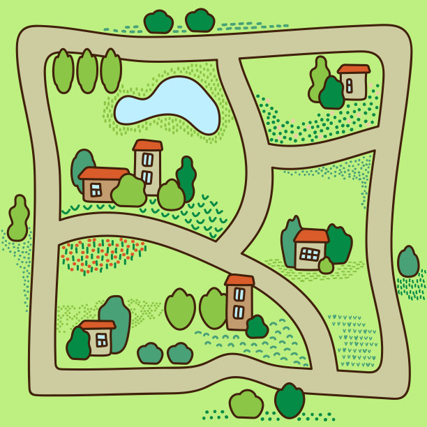 乡村景观有树木，河流，桥梁和湖泊。小房子。游戏垫，棋盘游戏，儿童房间的海报。图片下载