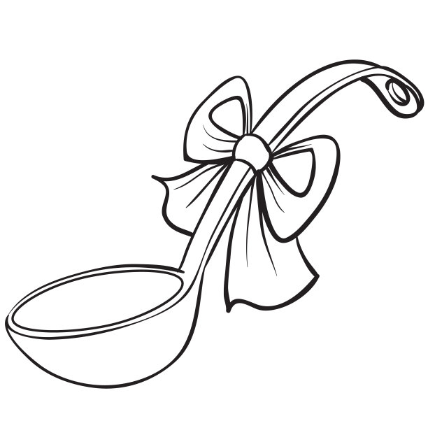 素描，罗宋汤的汤勺上面系着一个大蝴蝶结，卡通插图，上色，白色背景上的孤立物体，矢量插图，图片下载