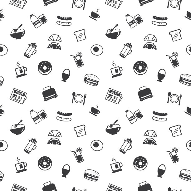 早餐设置无缝模式背景。汉堡，咖啡，茶，煎蛋，牛角面包，果汁，甜甜圈。图片下载