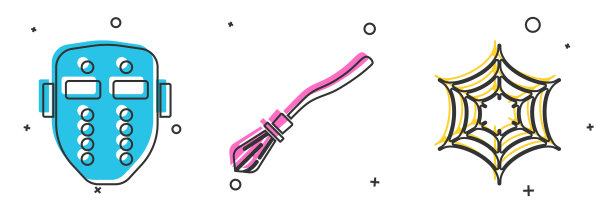 设置曲棍球面具，女巫，扫帚和蜘蛛网图片下载