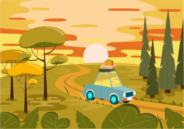 矢量平面插图的主题公路旅行，冒险，拖车，露营，户外娱乐，冒险在自然，假期。现代平面设计。公路旅行。图片下载