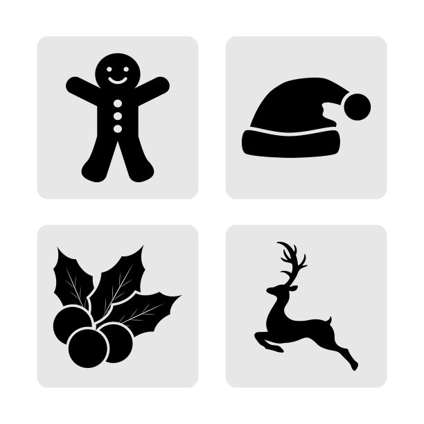 把黑色的圣诞模版放在灰色上。收藏图标。帽子，饼干，鹿和冬青。股票illuctration向量。每股收益10图片下载