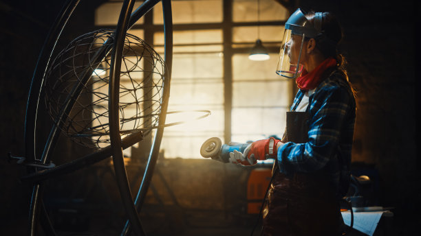 当代年轻女性艺术家正在工作室工作坊里用手持式电动工具打磨她的金属管雕塑。赋予女性权力，用金属制作现代野蛮抽象艺术作品。图片下载