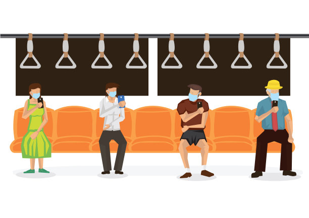 火车上人们之间的社交距离。保持距离，保护新冠病毒疫情传播理念。素材图片
