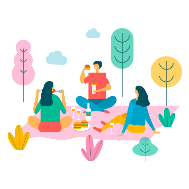 夏日野餐的朋友在白色的背景上图片下载