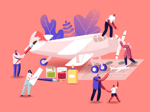 飞机建模概念。微小的男性和女性角色组装和绘制巨大的飞机模型，把螺旋桨使用方案，父亲和儿子的创作爱好。卡通人物矢量插图图片下载