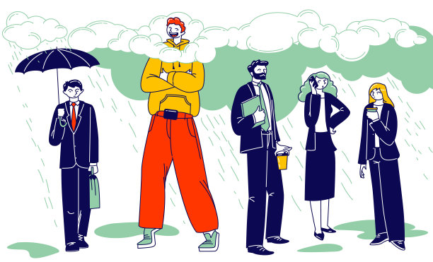 快乐的男性人物在明亮的衣服站在他的头在云包围着悲伤忙碌的人穿着正式。白日做梦，创造性想象力和积极性。线性向量插图图片下载