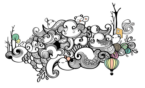 漫画画与线云天空和装饰花图案背景图片下载