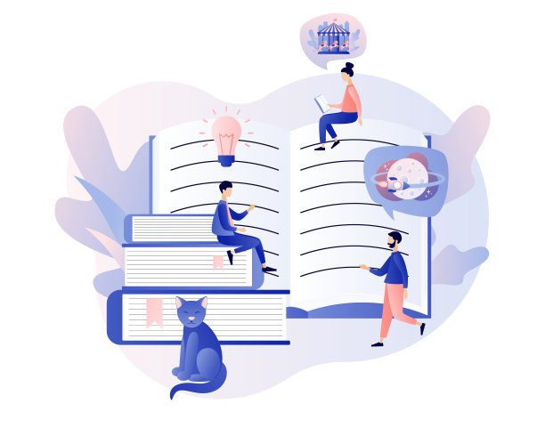在线图书馆。小人读书。文学爱好者，电子书，媒体图书馆，在线学习。现代平面卡通风格。矢量插图上的白色背景图片下载