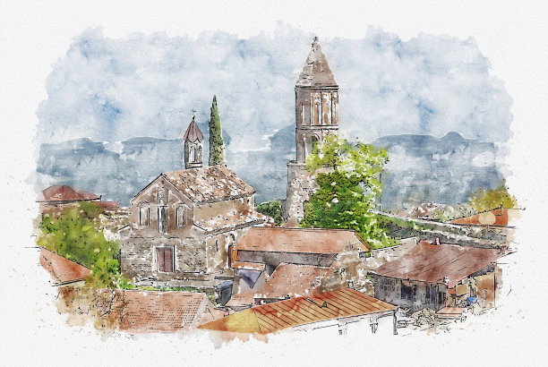 旧城西纳西美丽景色的水彩素描或插图。乔治亚州图片下载