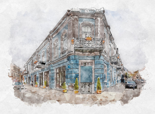 第比利斯的欧洲传统城市建筑的美丽景色的水彩画素描或插图。格鲁吉亚首都图片下载