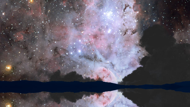 水面上的黑暗夜空上的星云反射镜图片下载